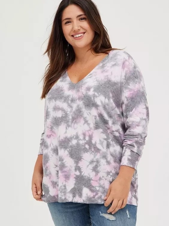 torrid Sweaters - torrid Gray and Pink Tie-Dye V-Neck Sweater